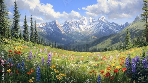 A beautiful mountain meadow with colorful wildflowers in full bloom, framed by towering pine trees and distant snow-capped peaks