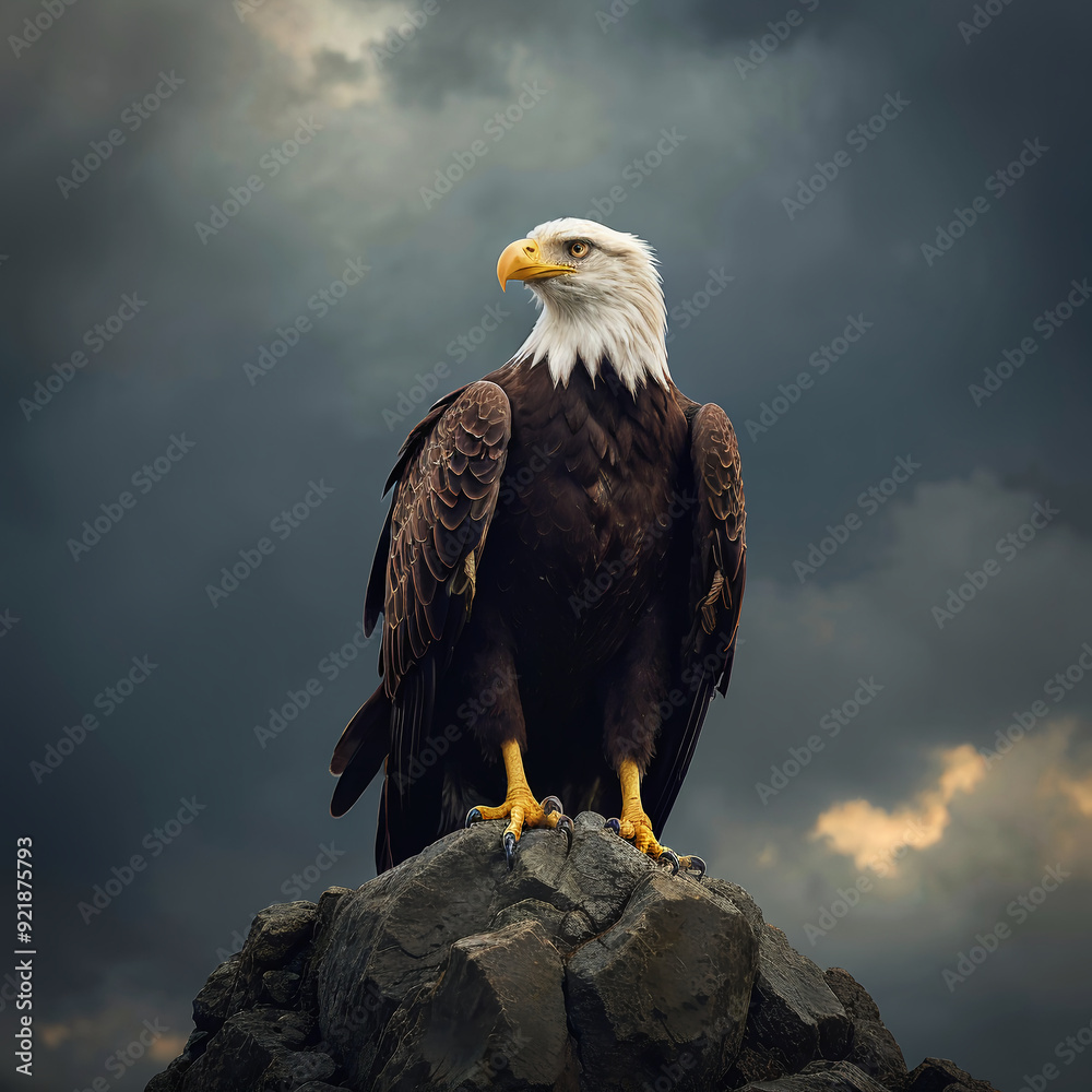 Obraz premium Bald Eagle Standing Majestically on a Rocky Outcrop Against Stormy Skies