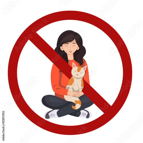 Vector forbidden sign with flat illustration of a volunteer girl with a cat isolated from background. Adoption of homeless animals is prohibited. You can t take animals from the shelter