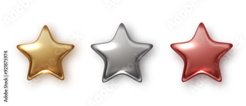 Metallic star isolated. Gold, platinum, silver, bronze star fo award. Christmas design element PNG