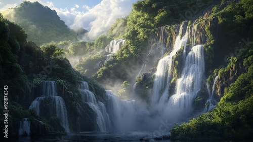 A breathtaking view of a cascading waterfall surrounded by rocky cliffs and lush vegetation, with mist rising into the air