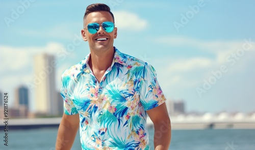 A man wearing a Hawaiian shirt and sunglasses is smiling and posing for a photo