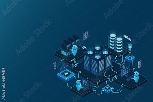 Isometric data center or server room. Data center connection network. Cloud storage. Isometric high technology concept. Vector illustration