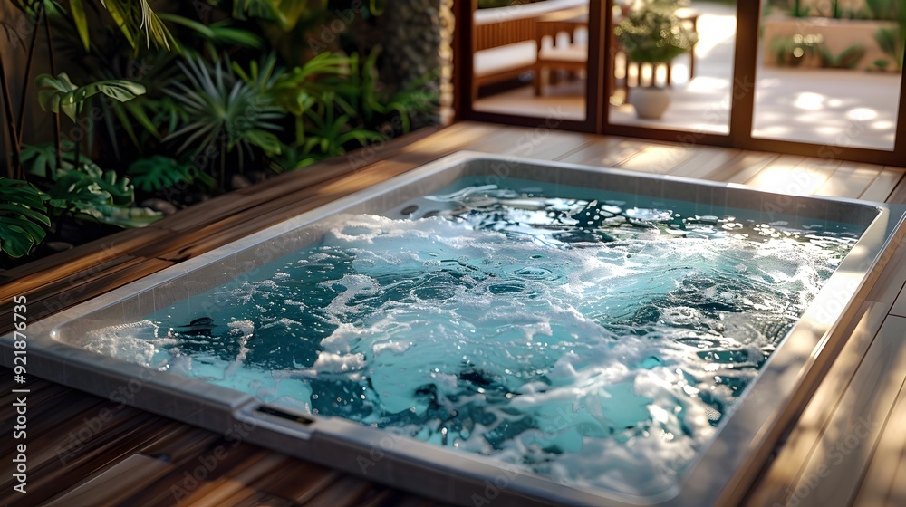 Obraz premium Vibrant and Relaxing Indoor Pool with Tub Area and Lush Tropical Setting