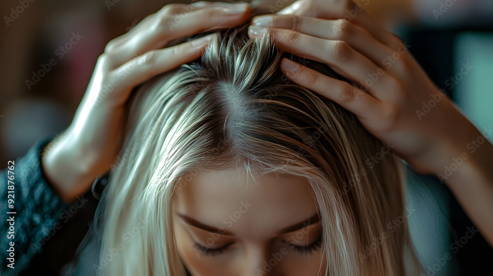 Fototapeta premium A woman with long blonde hair is getting her hair done