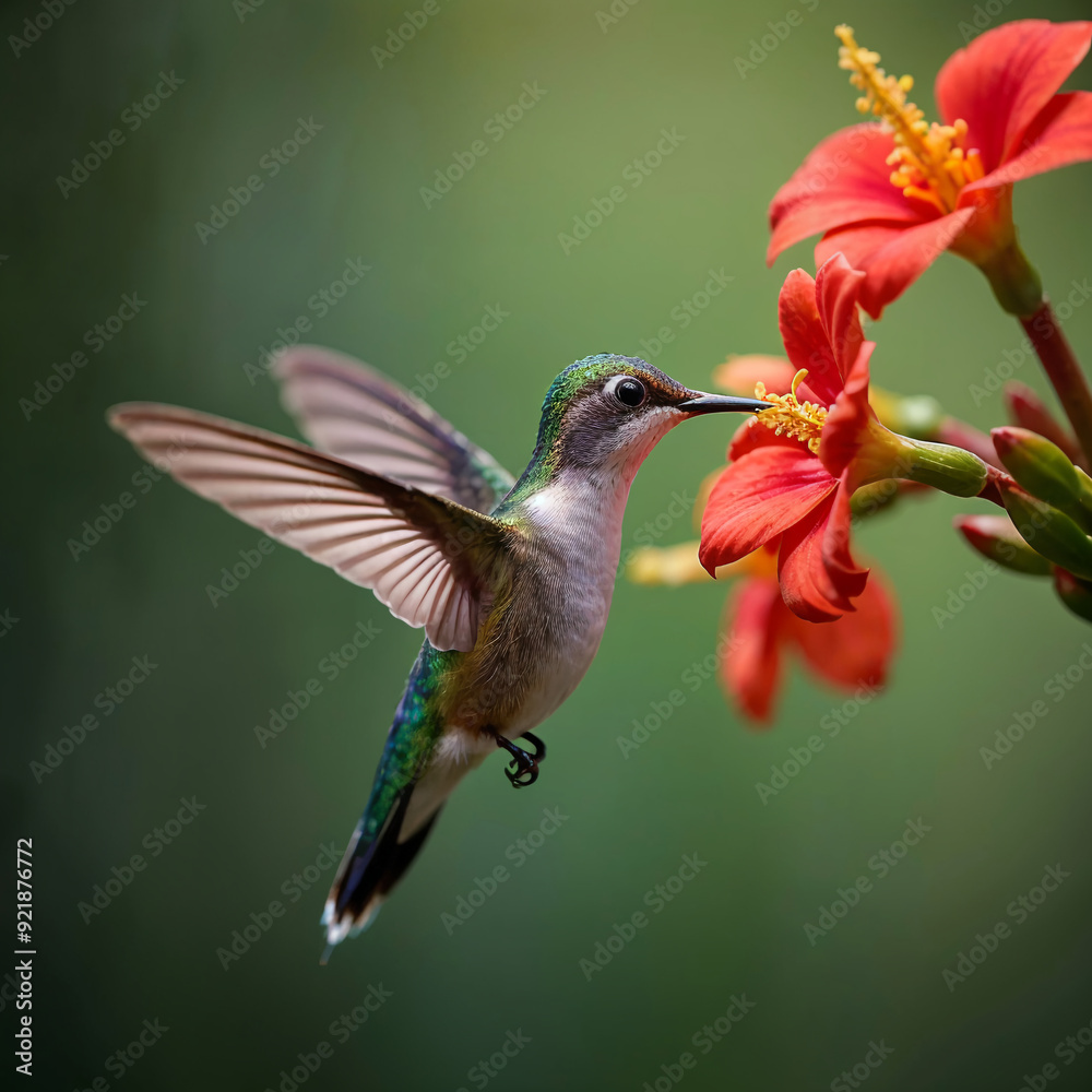 Fototapeta premium Hummingbird Feeding from Bright Red Flowers