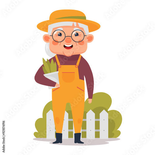 Cute elderly woman working in the garden, growing plants. Grandma dressed as a gardener with a flower pot in her hands. Vector illustration