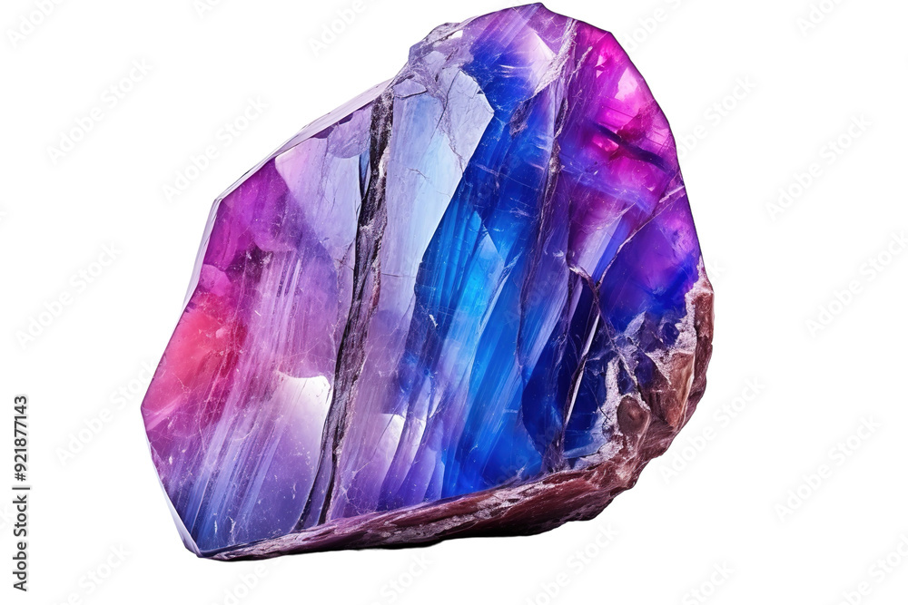 Mesmerizing Crystal Displaying Brilliant Shades of Blue, Purple, and Pink Amidst Natural Light in a Serene Environment on White or PNG Transparent Background.