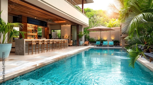 Wallpaper Mural Vibrant Tropical Pool Resort Bar with Inviting Luxurious Setting and Lush Landscaping Torontodigital.ca