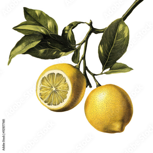 Old botanical illustration of a lemon isolated on a transparent background, capturing the fruit's detailed anatomy and natural beauty in a classic style. photo