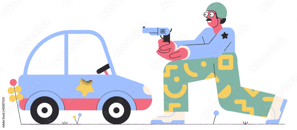 Policeman with weapon standing next to car Policeman with weapon standing next to car