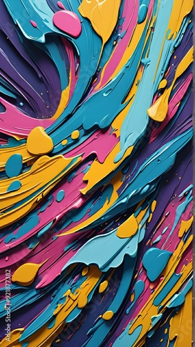 Vibrant Waves of Colorful Paint - A stunning abstract artwork featuring dynamic swirls of blue, pink, and yellow paint, showcasing fluid motion and creativity