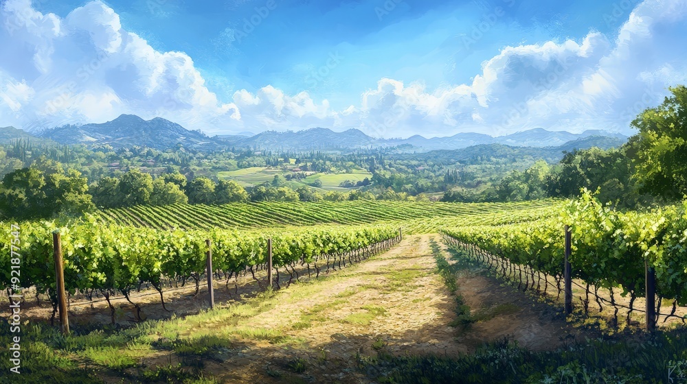 A bright, sunny day over a rolling vineyard. The rays highlight the lush grapevines and create a beautiful contrast between the green of the vines and the blue of the sky A bright, sunny day over a rolling vineyard. The rays highlight the lush grapevines and create a beautiful contrast between the green of the vines and the blue of the sky