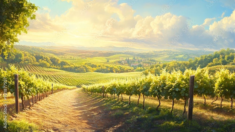 Naklejka premium A bright, sunny day over a rolling vineyard. The rays highlight the lush grapevines and create a beautiful contrast between the green of the vines and the blue of the sky
