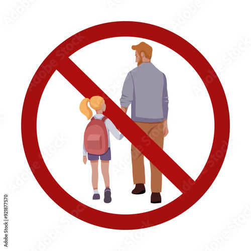 Vector forbidden sign with flat illustration man and little girl walking to school isolated from background. The danger of strangers taking your children away