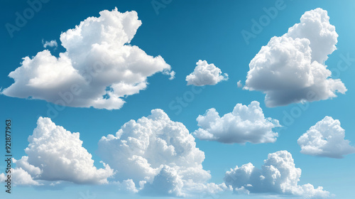 White clouds. Realistic 3D semi-transparent clouds in a blue sky. Vector set of summer rain clouds, isolated. Beautiful cloudscape featuring fluffy cumulus clouds. Outdoor summer scene with floating.