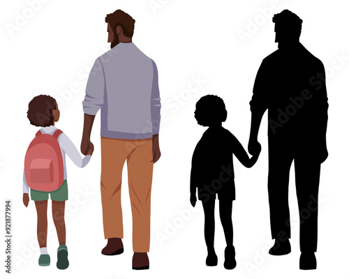 Back to school. Set of vector flat illustration and black silhouette of african father and little daughter walking to school. Father s Day. Family and parental support in education. Single father