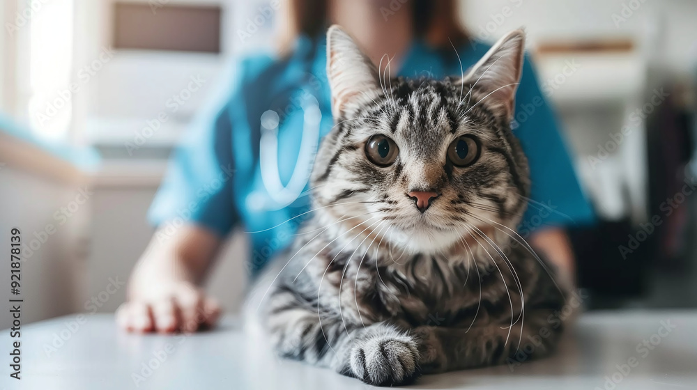 Fluffy cat sitting on veterinary table in veterinary clinic