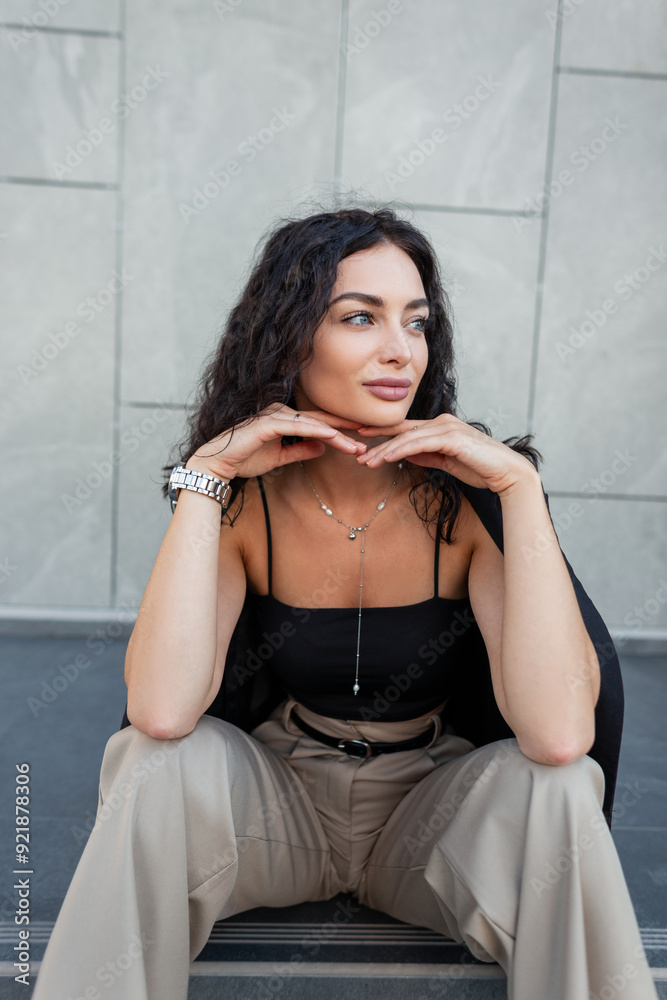 Stylish beautiful young glamorous girl model in fashionable clothes with black blazer sitting near a building in city. Pretty curly lady Stylish beautiful young glamorous girl model in fashionable clothes with black blazer sitting near a building in city. Pretty curly lady
