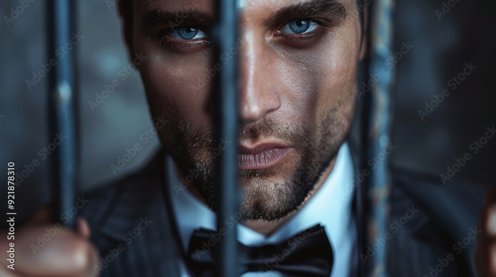 Successful rich influential man in business suit behind bars in prison