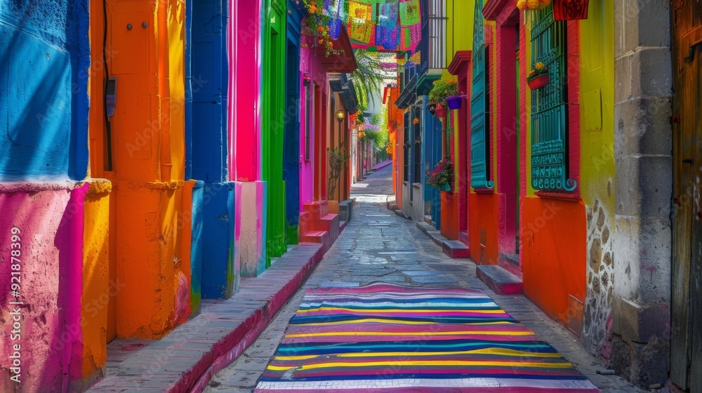 Fototapeta premium Colorful street in a Mexican village or small town. Vibrant architecture of Mexico. Beautiful houses and buildings.