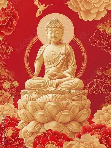 golden Buddha statue on a red background, golden lotus and flowers, vector illustration, digital art