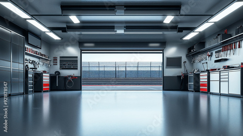 Modern car repair garage with open roller door leading to racetrack photo