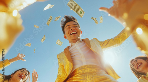 Group of friends making it rain with us dollar bills