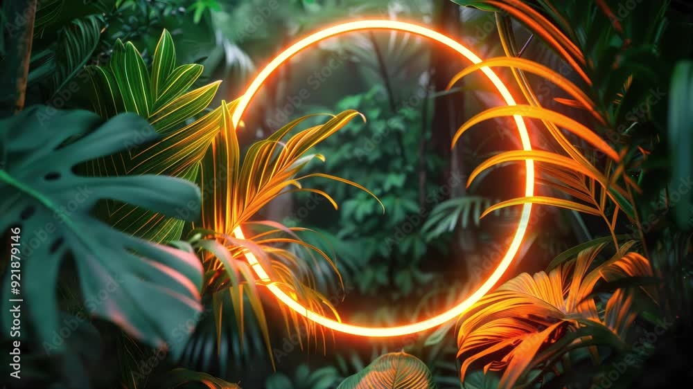 Video animation of neon glowing round circle frame on the background with tropical leaves and flowers