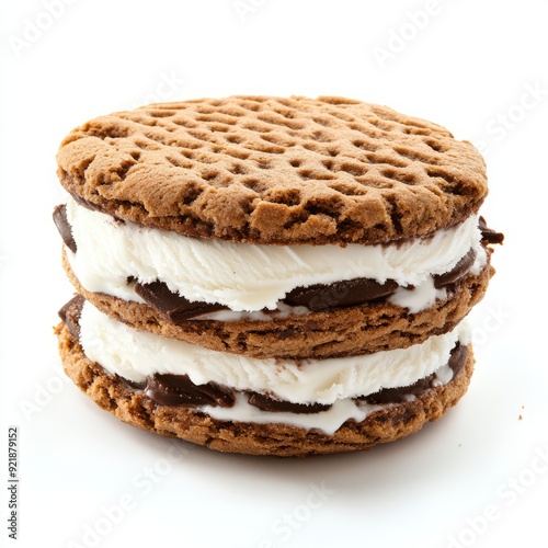 Close up of Ice cream sandwich with brown cookies on an isolated white background