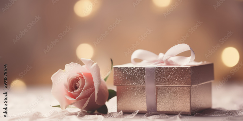 Elegant Gift Box and Delicate Rose Flower on a table on a Pink Background, copy space. Romantic Background for Greeting Card for Birthday, Wedding, Anniversary, Valentine's Day, Mother's Day Elegant Gift Box and Delicate Rose Flower on a table on a Pink Background, copy space. Romantic Background for Greeting Card for Birthday, Wedding, Anniversary, Valentine's Day, Mother's Day