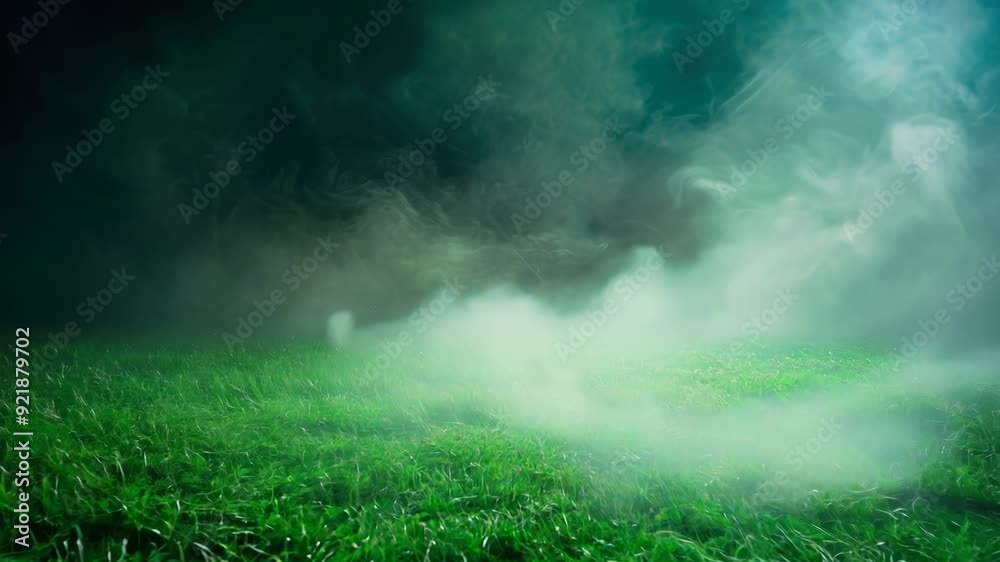 Mystical fog blankets grassy field at night, creating ethereal and enigmatic atmosphere.