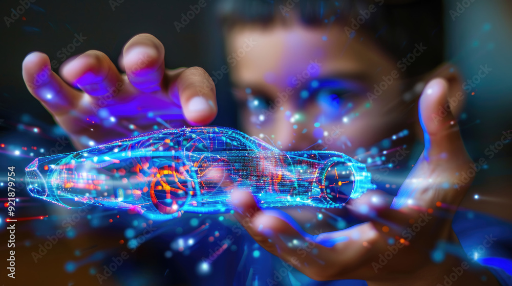Naklejka premium A child is engaged with a glowing holographic car projection in a dimly lit space