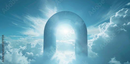 the archway of the gate to heaven with light shining photo