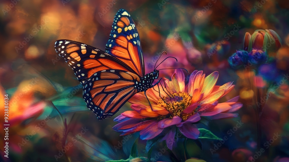 A captivating view of a vibrant butterfly perched on a colorful flower in a garden. The intricate patterns on the wings and the vivid hues of the flower create a beautiful and delicate scene. A captivating view of a vibrant butterfly perched on a colorful flower in a garden. The intricate patterns on the wings and the vivid hues of the flower create a beautiful and delicate scene.