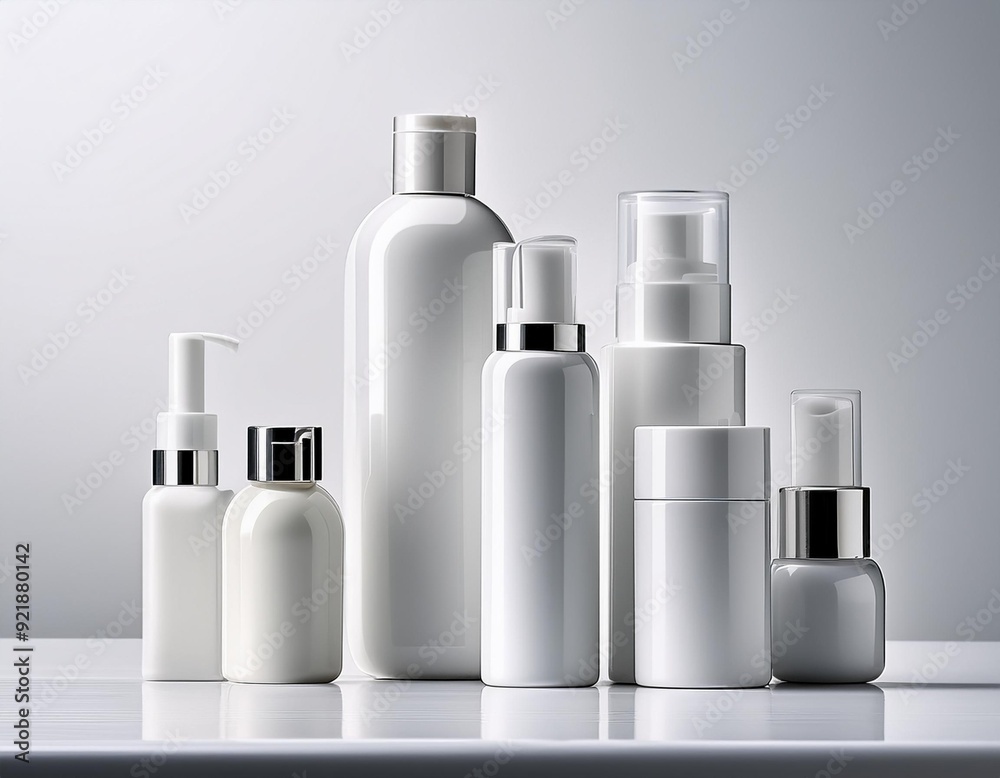 A mockup of white cosmetic products arranged on a white background, including blank plastic bottles, tubes, and jars for creams, lotions, shampoos, skin care.