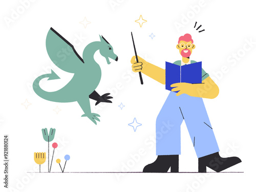 Magician with spell book conjuring a dragon