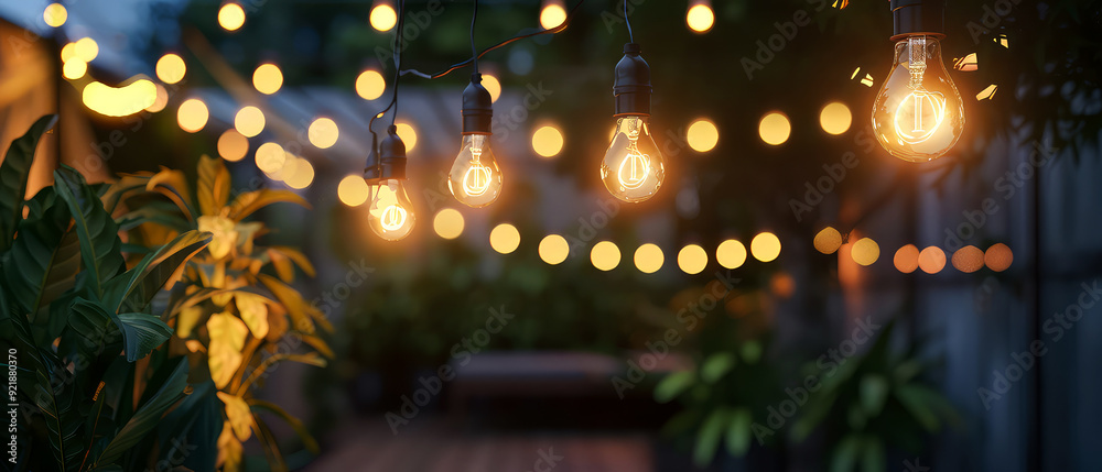Cozy outdoor lightning at the evening garden. Lamp Bulbs, string garlands, lights hanging on the trees on backyard of suburban house. Generative ai Cozy outdoor lightning at the evening garden. Lamp Bulbs, string garlands, lights hanging on the trees on backyard of suburban house. Generative ai