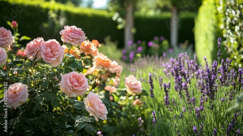 A charming countryside garden with a mix of roses, lavender, and peonies. The flowers are surrounded by lush greenery and neatly trimmed hedges, creating a serene and picturesque setting