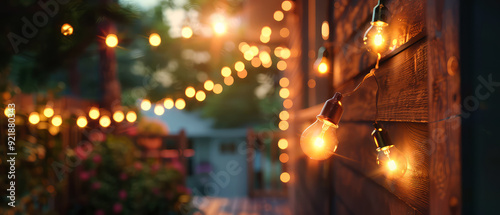 Cozy outdoor lightning at the evening garden. Lamp Bulbs, string garlands, lights hanging on the trees on backyard of suburban house. Generative ai