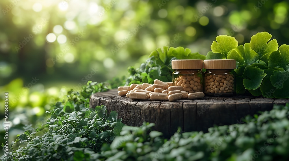 Organic Nootropic Capsules and Supplements with Ginkgo Biloba and Rhodiola Root, Presented in a Natural Setting Surrounded by Greenery, Highlighting Their Natural and Holistic Health Benefits Organic Nootropic Capsules and Supplements with Ginkgo Biloba and Rhodiola Root, Presented in a Natural Setting Surrounded by Greenery, Highlighting Their Natural and Holistic Health Benefits