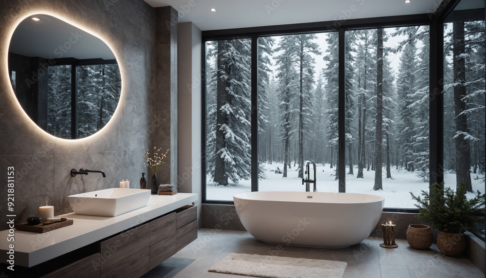 Fototapeta premium Luxury Bathroom with Panoramic Winter View
