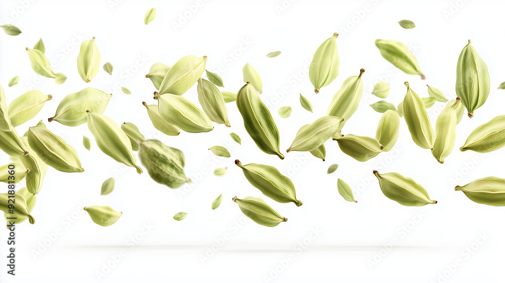 Naklejka premium Cardamom Pods Close-Up Isolated on White - Versatile Spice for Enhancing Taste in Cuisine and Beverages