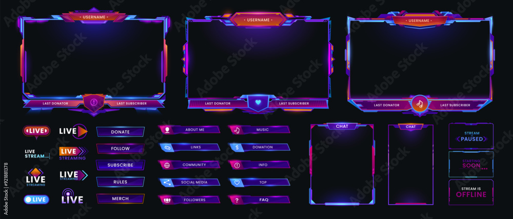 Neon overlay game screen and panel interface frames, vector GUI buttons and controls. Online live stream game interface of neon bars with gamer names and UI information signs, chat and menu options