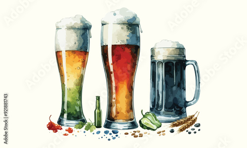 beer mug, free drink, watercolor mugs of beer, alcohol drinks, hand drawn, watercolor mugs of beer