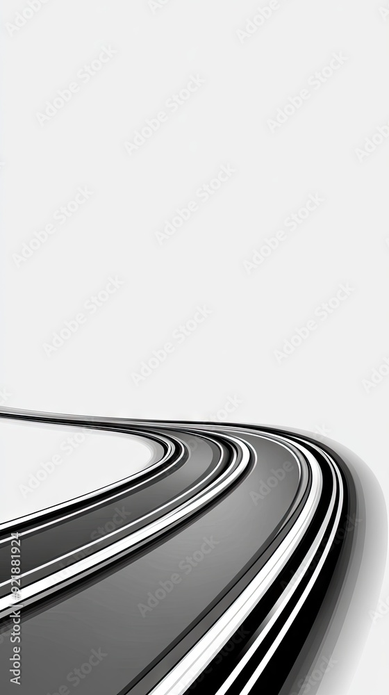 A minimalist design of a curved black asphalt road floating against a pristine white background, inviting imagination and creativity A minimalist design of a curved black asphalt road floating against a pristine white background, inviting imagination and creativity