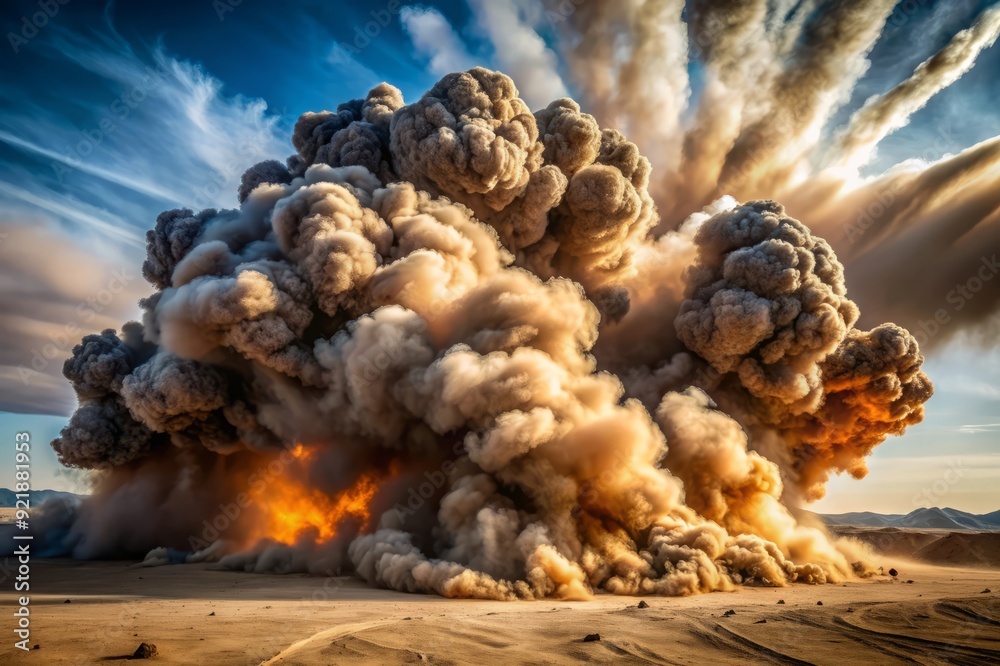 Epic Dust Cloud Explosion in Desert Landscape. Epic Dust Cloud Explosion in Desert Landscape.
