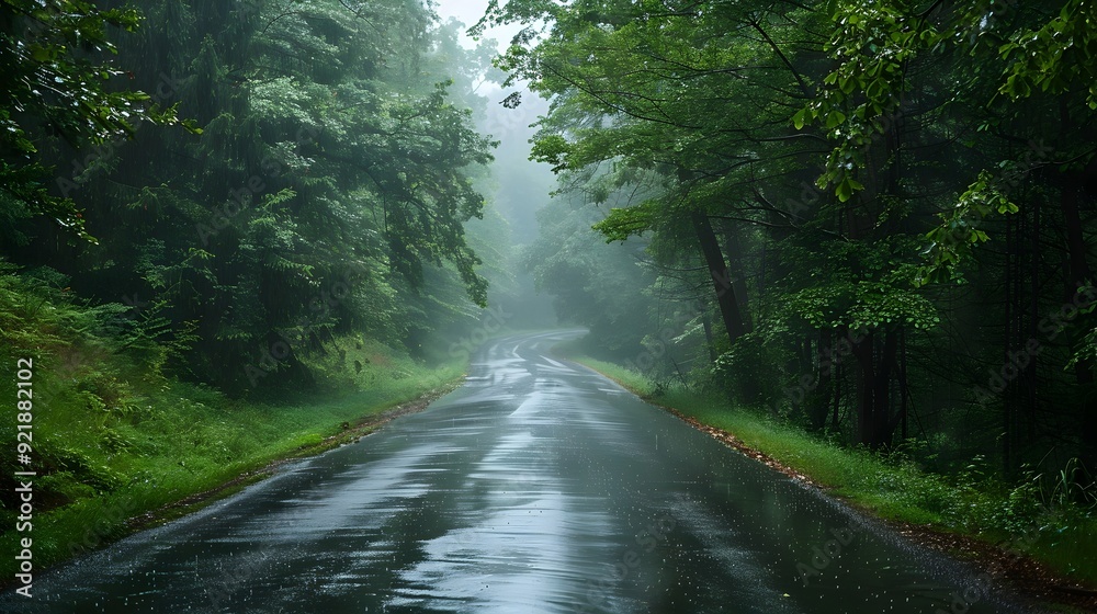 Fototapeta premium Winding Rainy Countryside Road Through Lush Misty Greenery Landscape