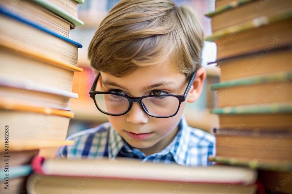 Young Boy Reading a Book in a Library. Young Boy Reading a Book in a Library.