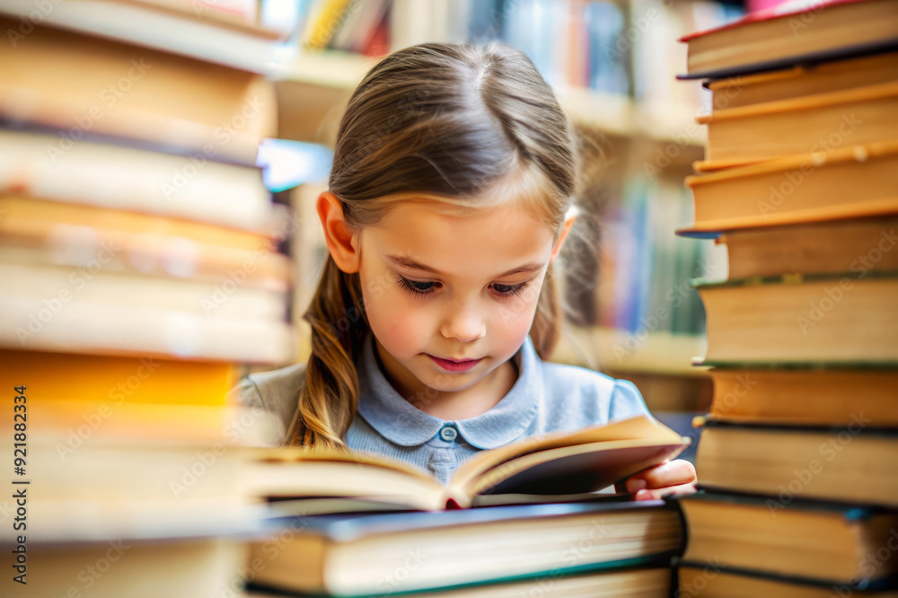Young girl reading a book surrounded by books. Young girl reading a book surrounded by books.